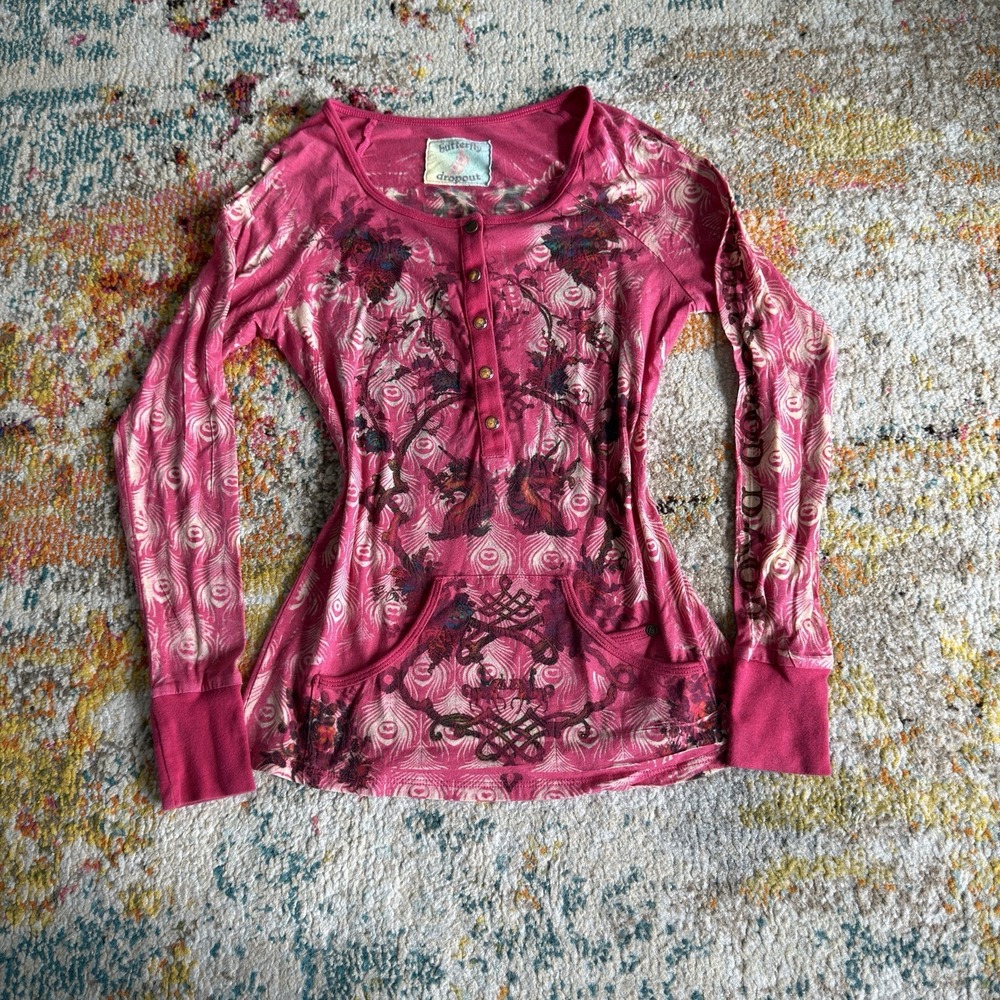 Butterfly Dropout Womens XS Henley Long Sleeve Shirt Pink Graphic Y2K